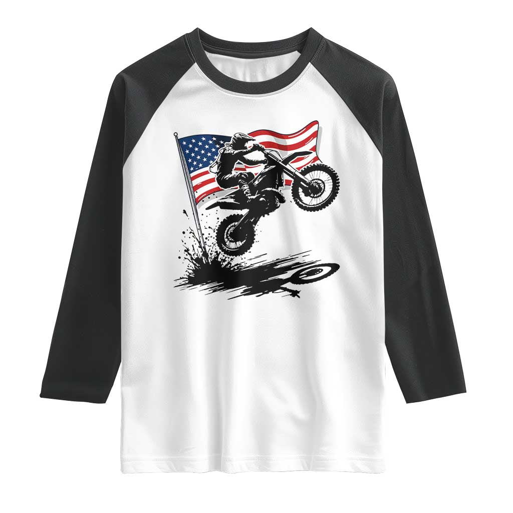 Dirt Bike American Flag Motocross Raglan Shirt TS14 White Black Print Your Wear