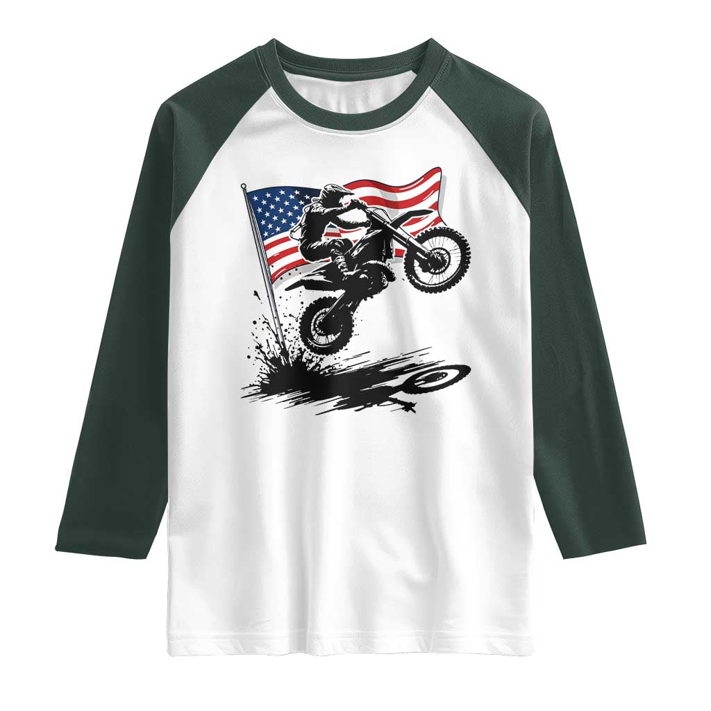 Dirt Bike American Flag Motocross Raglan Shirt TS14 White Dark Forest Green Print Your Wear