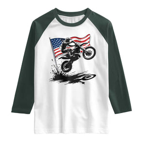 Dirt Bike American Flag Motocross Raglan Shirt TS14 White Dark Forest Green Print Your Wear