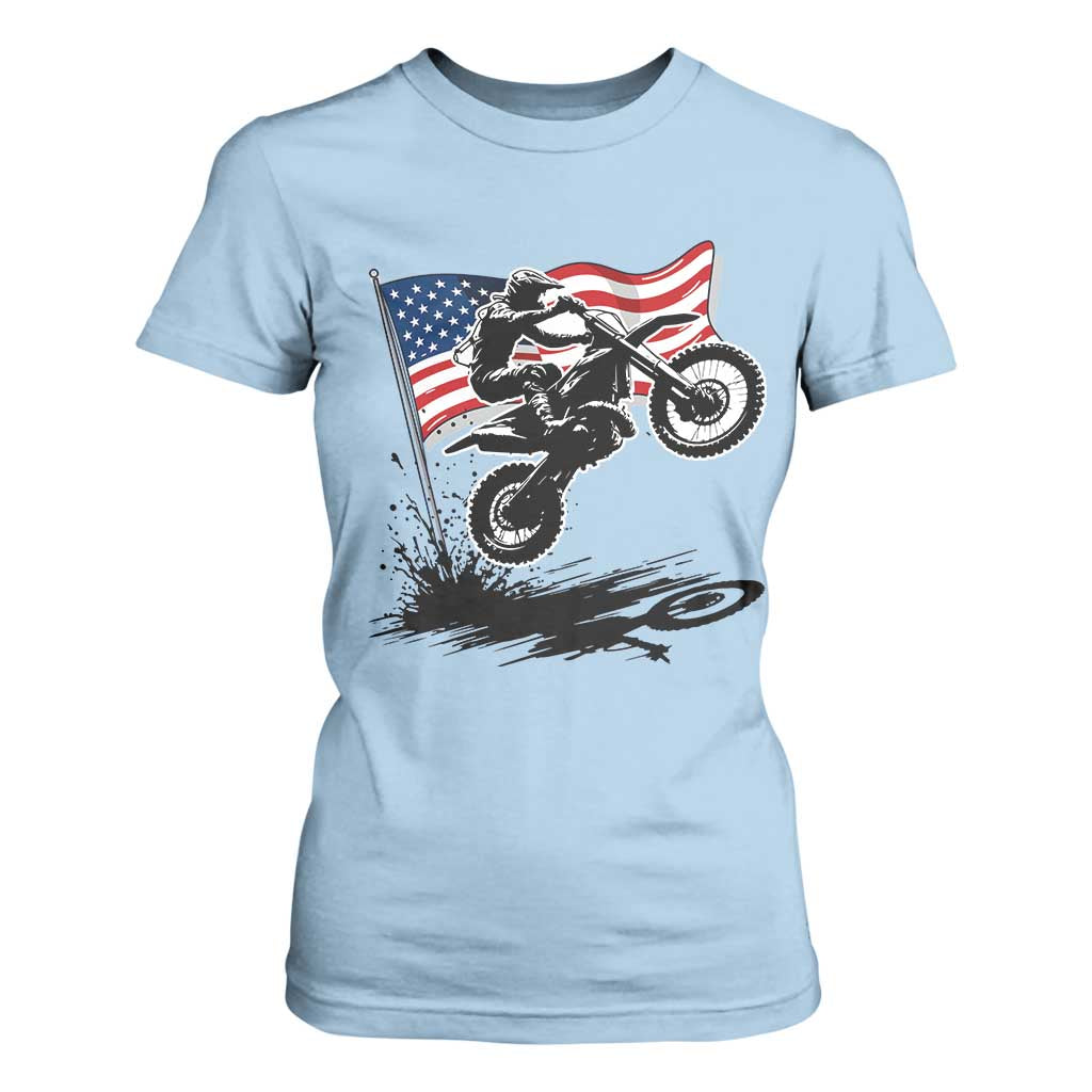 Dirt Bike American Flag Motocross T Shirt For Women TS14 Light Blue Print Your Wear