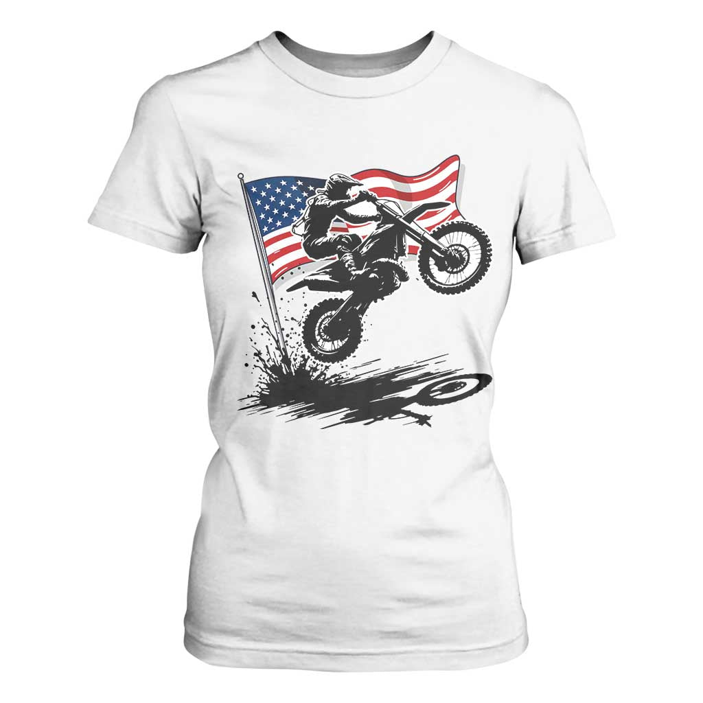 Dirt Bike American Flag Motocross T Shirt For Women TS14 White Print Your Wear