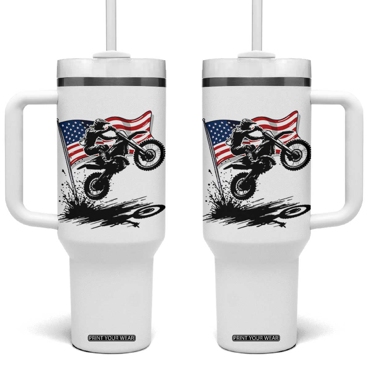 Dirt Bike American Flag Motocross Tumbler With Handle TS14 One Size: 40 oz White Print Your Wear