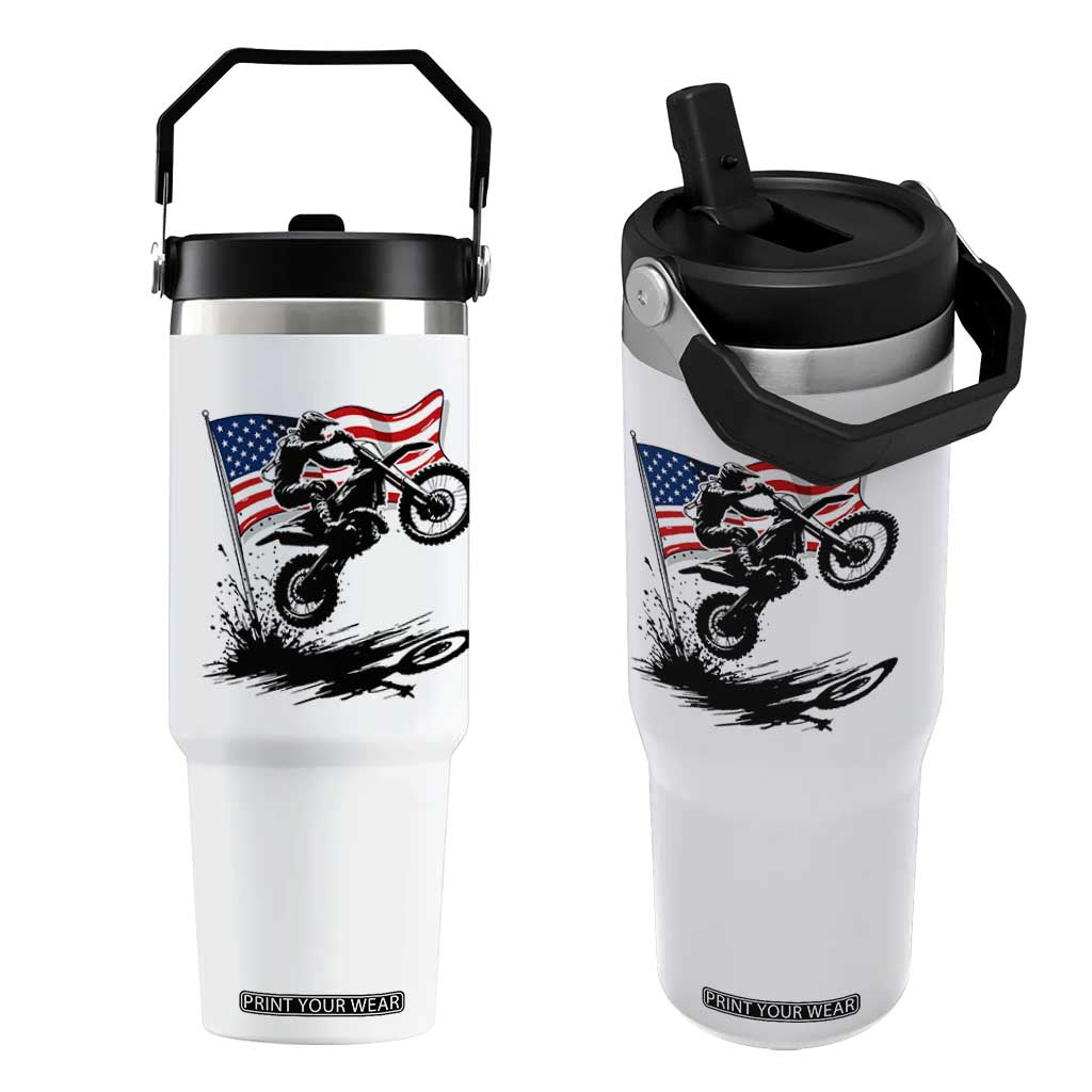 Dirt Bike American Flag Motocross Flip Straw Tumbler TS14 One Size: 30 oz White Print Your Wear
