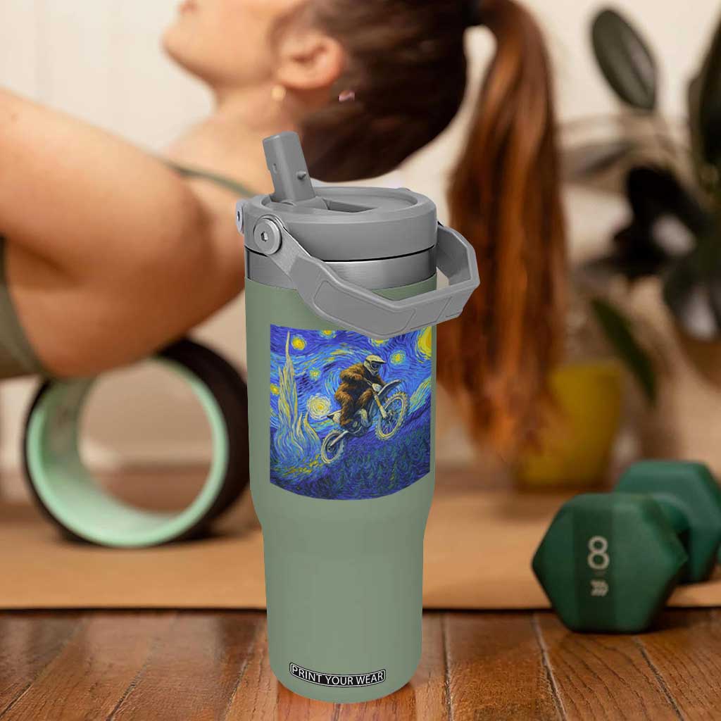 Bigfoot Dirt Bike Sasquatch Flip Straw Tumbler Starry Night Van Gogh Biker TS14 One Size: 30 oz Moss Green Print Your Wear
