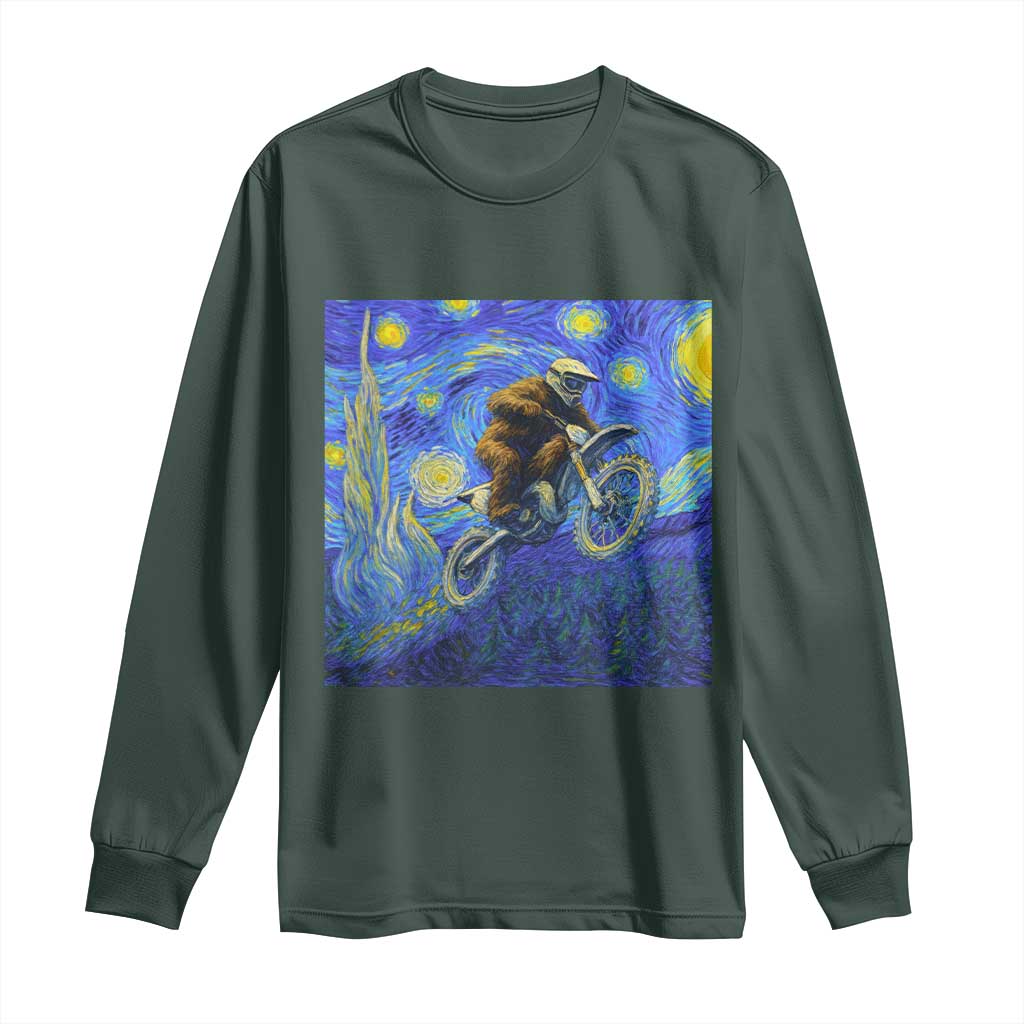 Bigfoot Dirt Bike Sasquatch Long Sleeve Shirt Starry Night Van Gogh Biker TS14 Dark Forest Green Print Your Wear