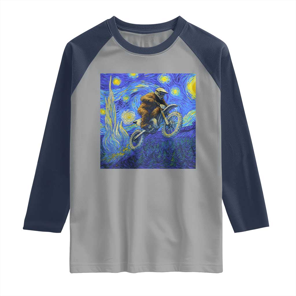 Bigfoot Dirt Bike Sasquatch Raglan Shirt Starry Night Van Gogh Biker TS14 Sport Gray Navy Print Your Wear