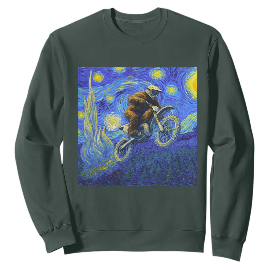 Bigfoot Dirt Bike Sasquatch Sweatshirt Starry Night Van Gogh Biker TS14 Dark Forest Green Print Your Wear