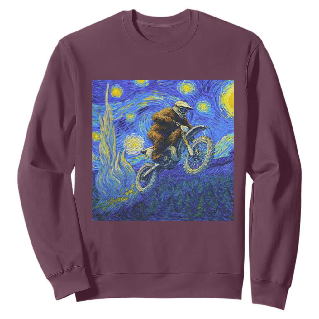 Bigfoot Dirt Bike Sasquatch Sweatshirt Starry Night Van Gogh Biker TS14 Maroon Print Your Wear