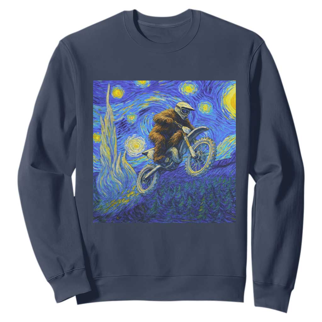 Bigfoot Dirt Bike Sasquatch Sweatshirt Starry Night Van Gogh Biker TS14 Navy Print Your Wear