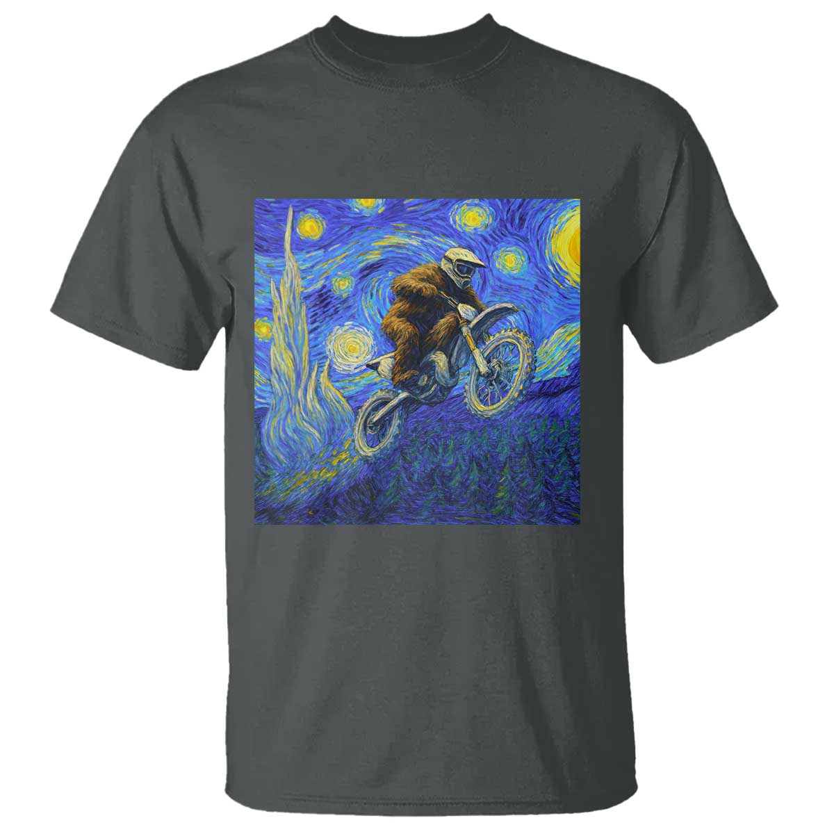 Bigfoot Dirt Bike Sasquatch T Shirt Starry Night Van Gogh Biker TS14 Dark Heather Print Your Wear