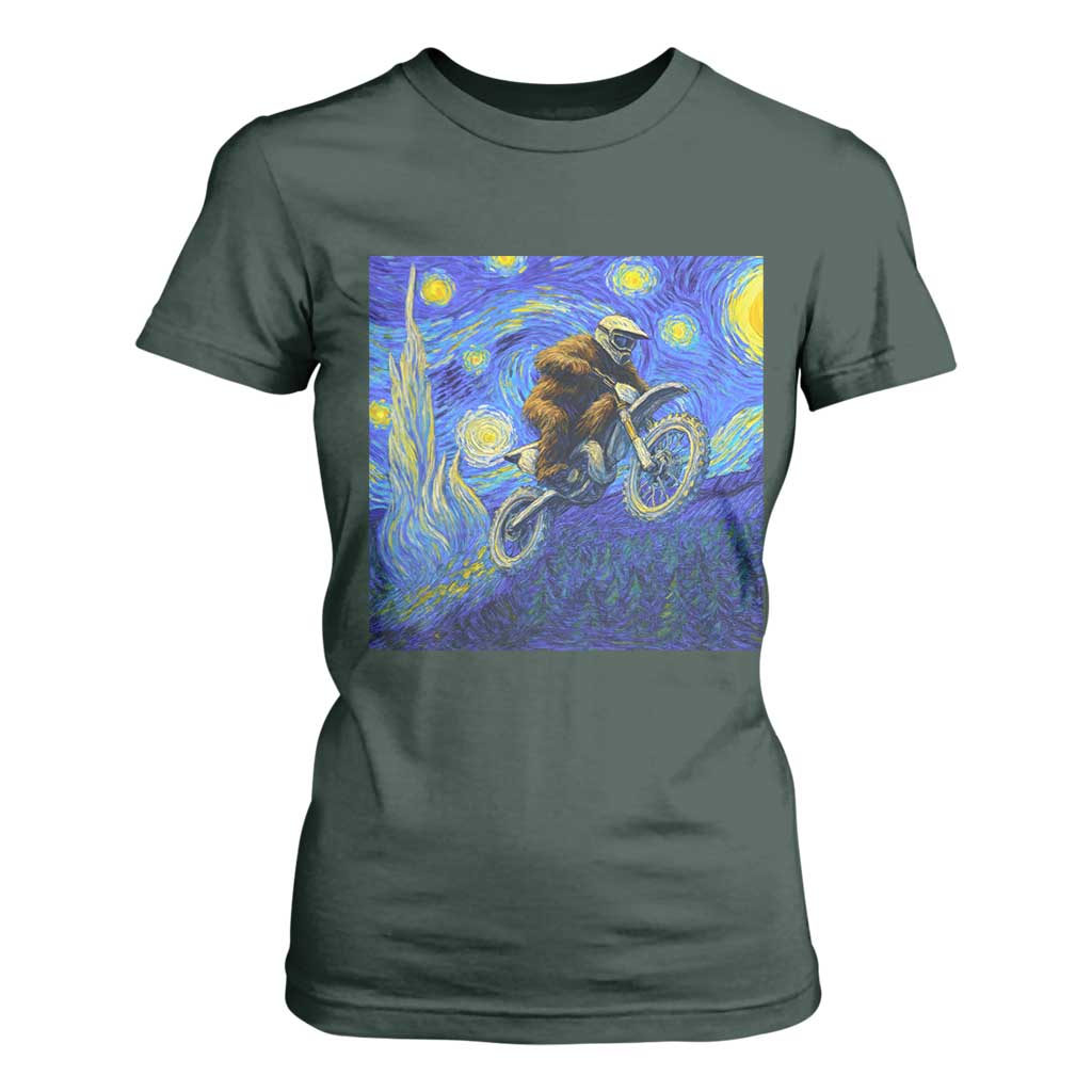 Bigfoot Dirt Bike Sasquatch T Shirt For Women Starry Night Van Gogh Biker TS14 Dark Forest Green Print Your Wear