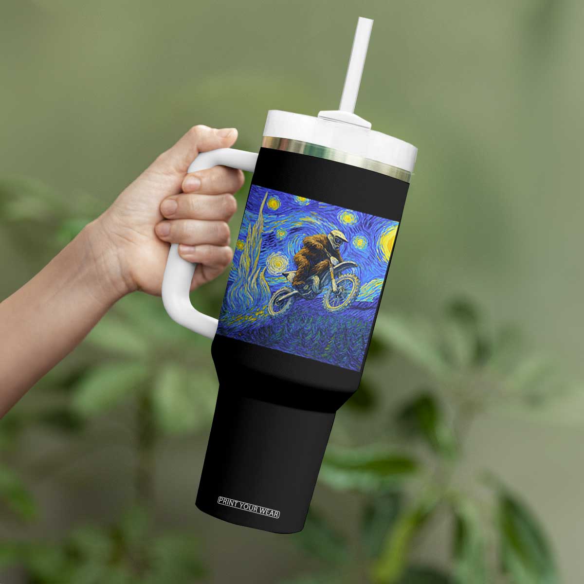 Bigfoot Dirt Bike Sasquatch Tumbler With Handle Starry Night Van Gogh Biker TS14 Print Your Wear