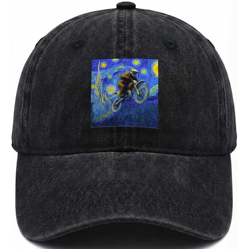 Bigfoot Dirt Bike Sasquatch Washed Cotton Baseball Cap Starry Night Van Gogh Biker TS14 Washed Cap Universal Fit Black Print Your Wear
