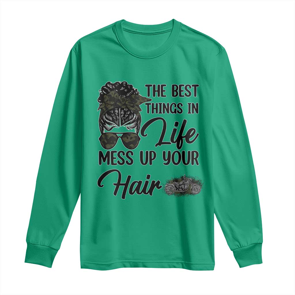 Funny Biker Woman Long Sleeve Shirt The Best Things In Life Mess Up Your Hair TS14 Irish Green Print Your Wear