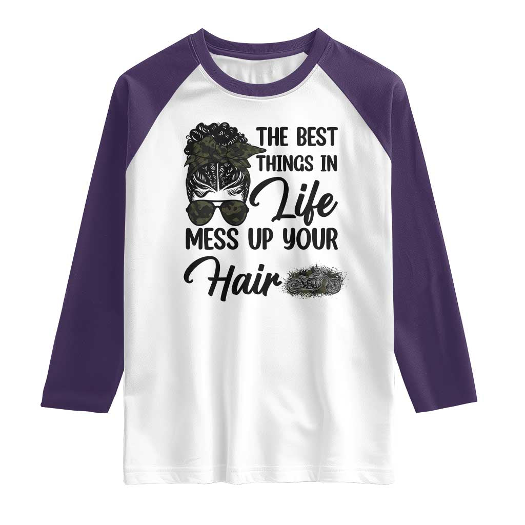 Funny Biker Woman Raglan Shirt The Best Things In Life Mess Up Your Hair TS14 White Purple Print Your Wear