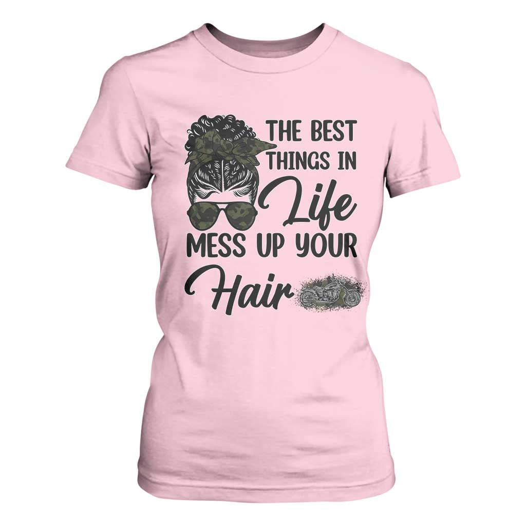Funny Biker Woman T Shirt For Women The Best Things In Life Mess Up Your Hair TS14 Light Pink Print Your Wear