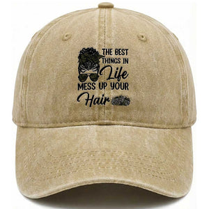 Funny Biker Woman Washed Cotton Baseball Cap The Best Things In Life Mess Up Your Hair TS14 Washed Cap Universal Fit Khaki Print Your Wear