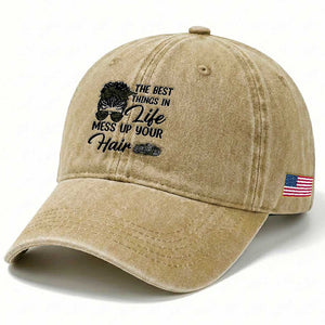 Funny Biker Woman Washed Cotton Baseball Cap The Best Things In Life Mess Up Your Hair TS14 Print Your Wear