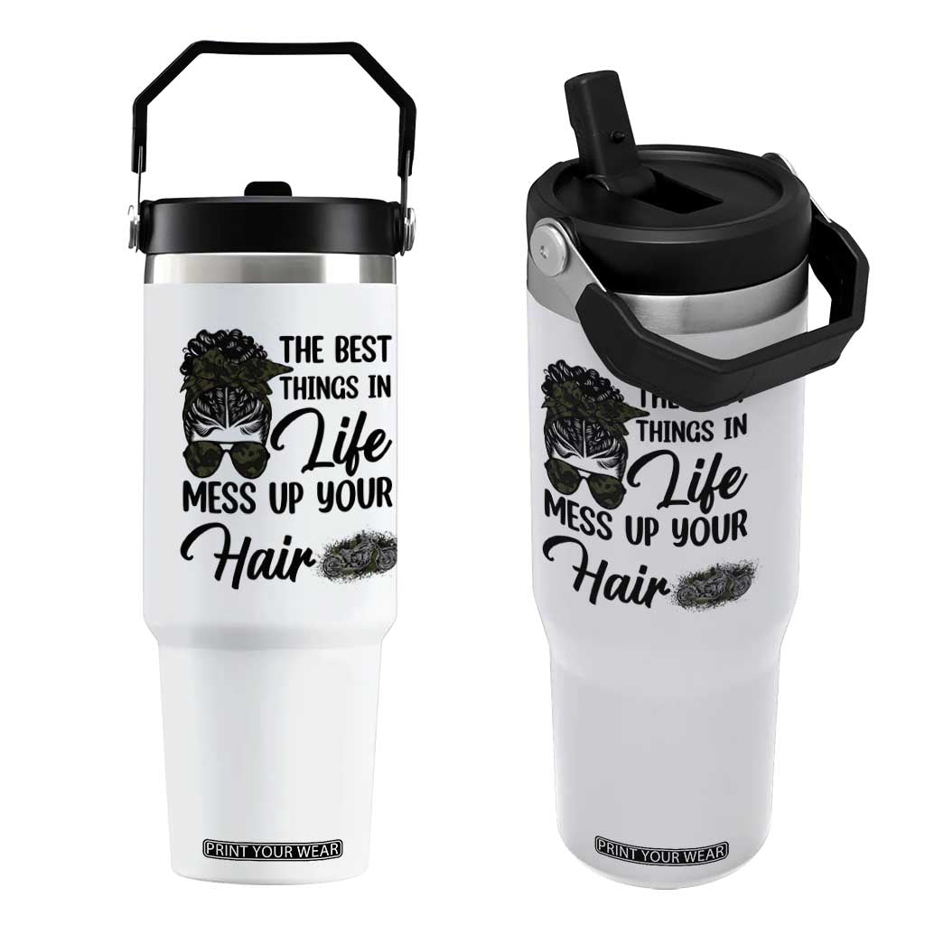 Funny Biker Woman Flip Straw Tumbler The Best Things In Life Mess Up Your Hair TS14 One Size: 30 oz White Print Your Wear
