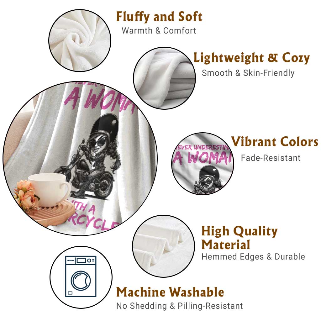 Funny Biker Woman Throw Blanket Never Underestimate A Women On A Motorcycle TS14 Print Your Wear