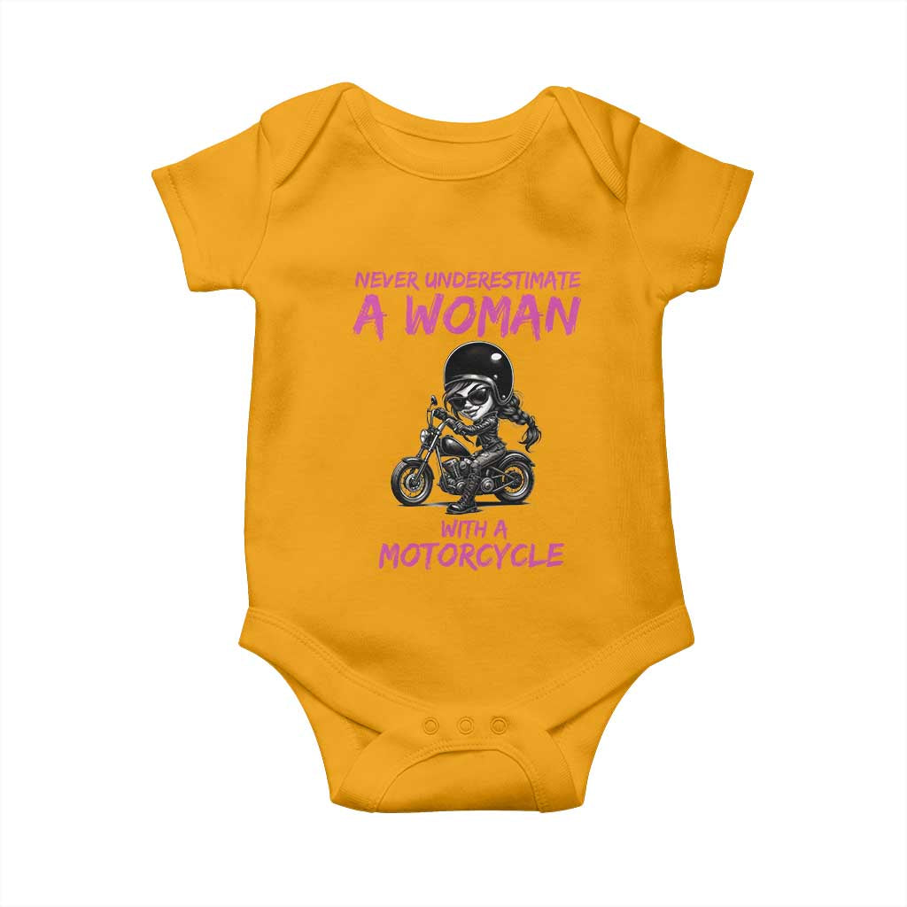 Funny Biker Woman Baby Onesie Never Underestimate A Women On A Motorcycle TS14 Gold Print Your Wear