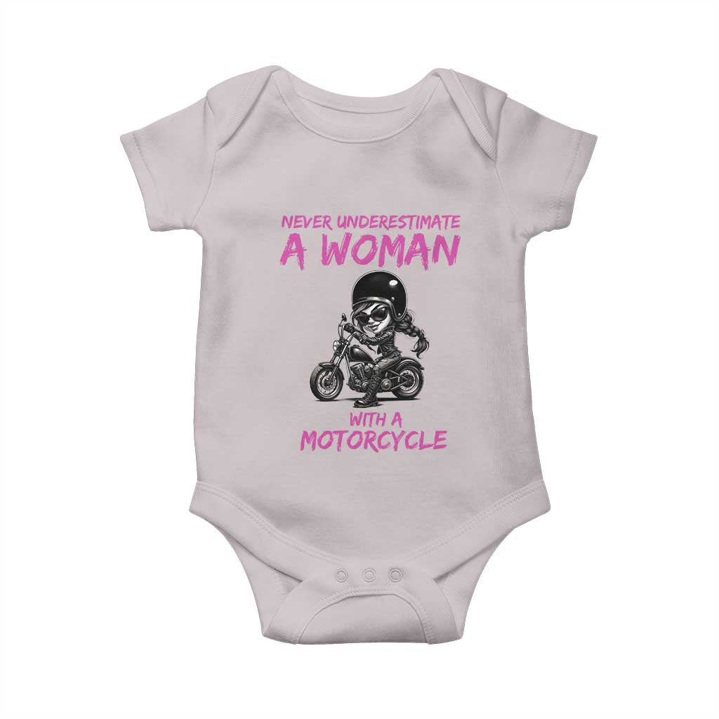 Funny Biker Woman Baby Onesie Never Underestimate A Women On A Motorcycle TS14 Ice Gray Print Your Wear