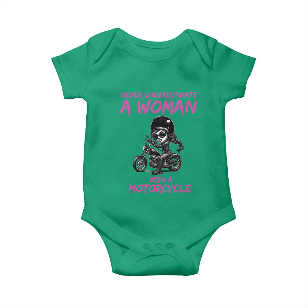 Funny Biker Woman Baby Onesie Never Underestimate A Women On A Motorcycle TS14 Irish Green Print Your Wear