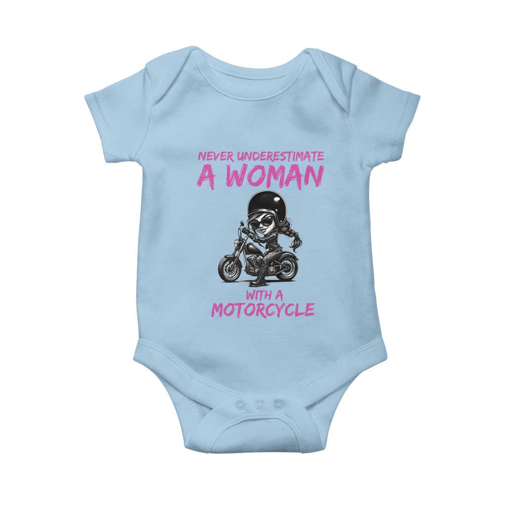 Funny Biker Woman Baby Onesie Never Underestimate A Women On A Motorcycle TS14 Light Blue Print Your Wear