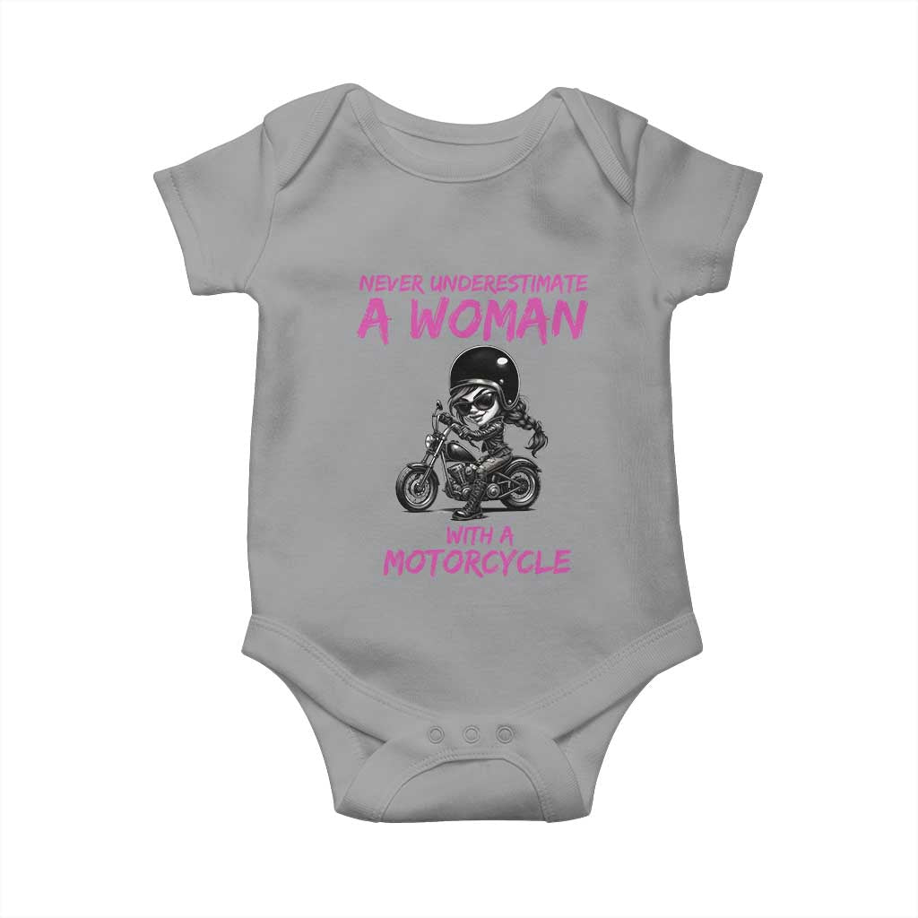 Funny Biker Woman Baby Onesie Never Underestimate A Women On A Motorcycle TS14 Sport Gray Print Your Wear