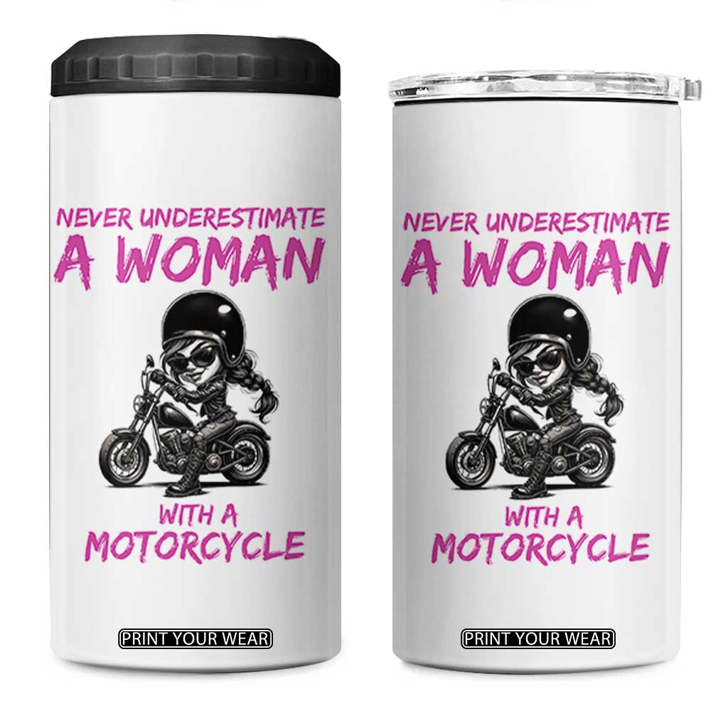 Funny Biker Woman 4 in 1 Can Cooler Tumbler Never Underestimate A Women On A Motorcycle TS14 One Size: 16 oz White Print Your Wear