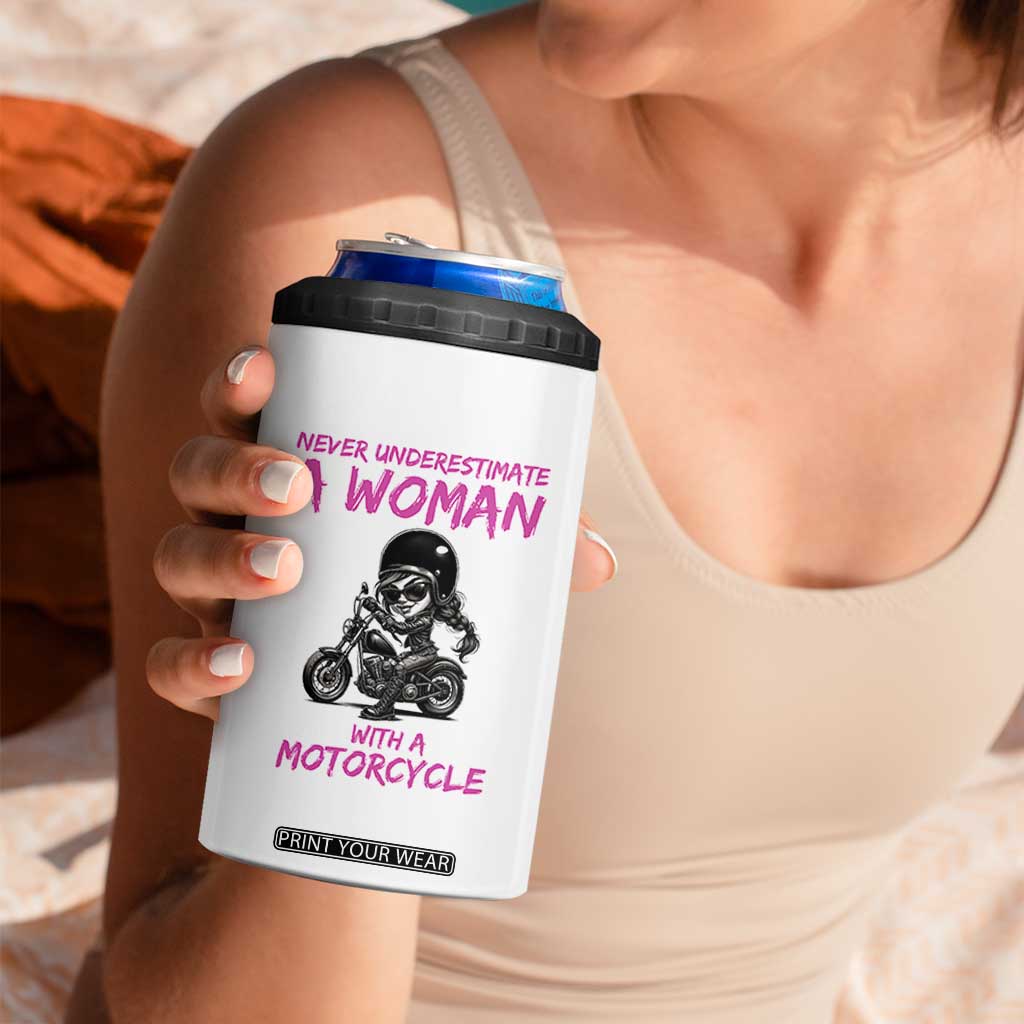 Funny Biker Woman 4 in 1 Can Cooler Tumbler Never Underestimate A Women On A Motorcycle TS14 Print Your Wear