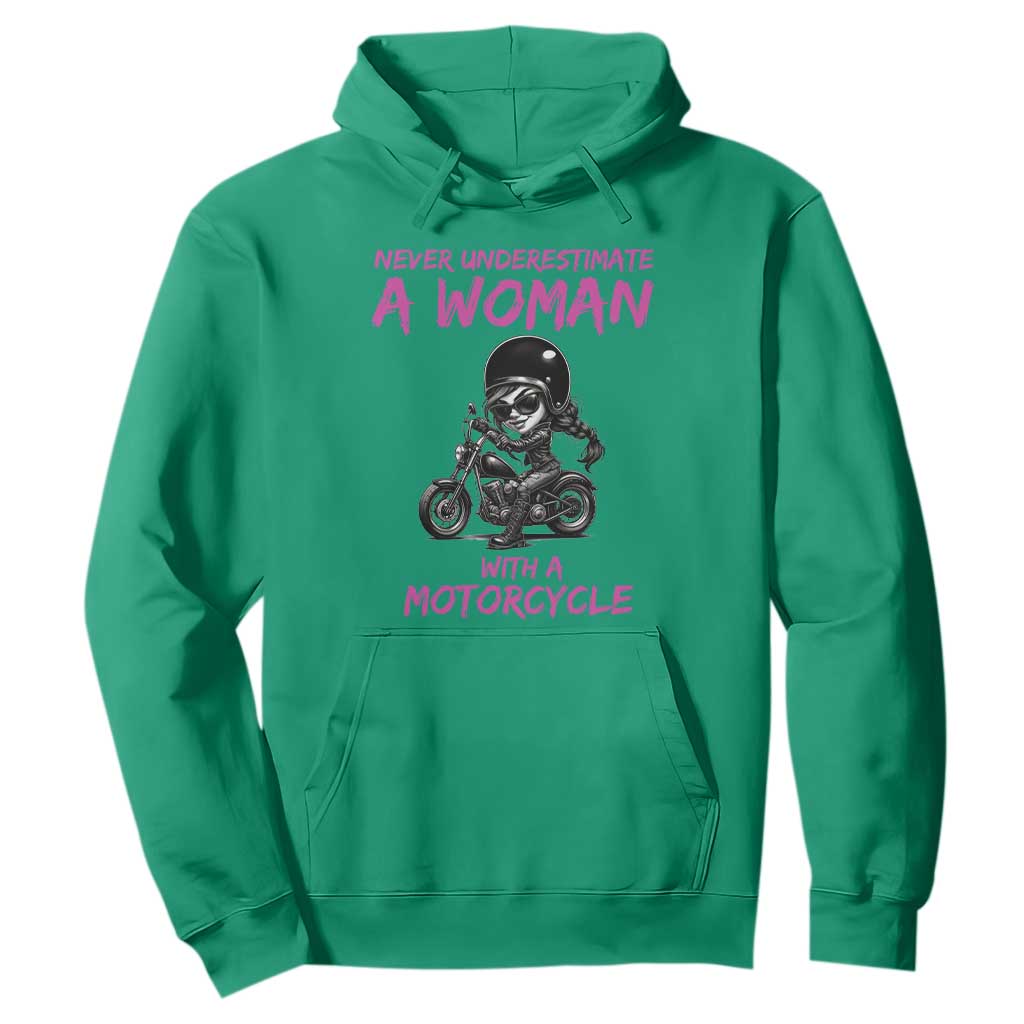 Funny Biker Woman Hoodie Never Underestimate A Women On A Motorcycle TS14 Irish Green Print Your Wear