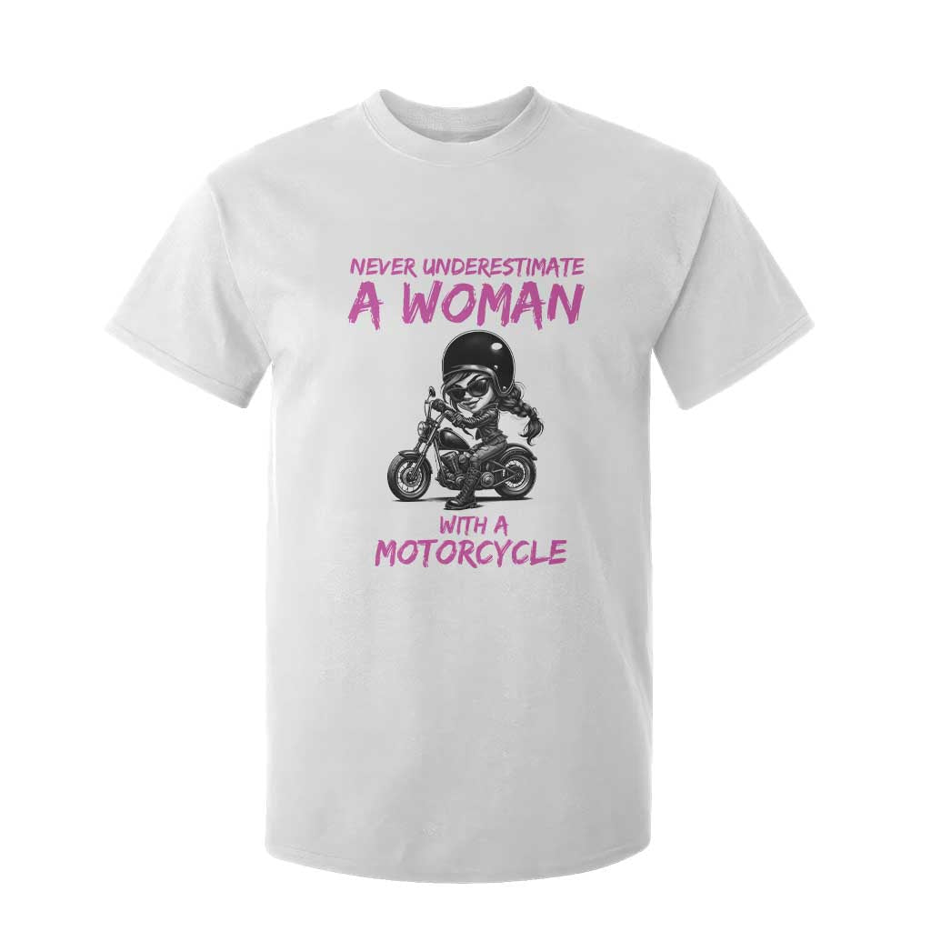 Funny Biker Woman T Shirt For Kid Never Underestimate A Women On A Motorcycle TS14 White Print Your Wear