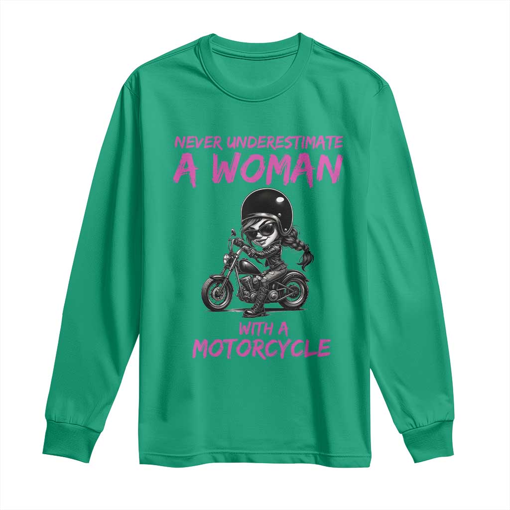 Funny Biker Woman Long Sleeve Shirt Never Underestimate A Women On A Motorcycle TS14 Irish Green Print Your Wear
