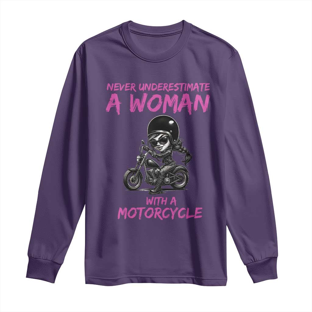 Funny Biker Woman Long Sleeve Shirt Never Underestimate A Women On A Motorcycle TS14 Purple Print Your Wear