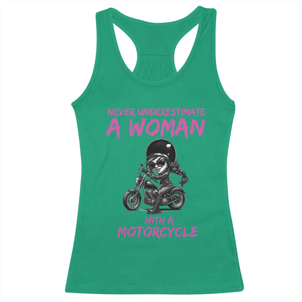Funny Biker Woman Racerback Tank Top Never Underestimate A Women On A Motorcycle TS14 Irish Green Print Your Wear