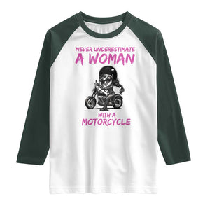 Funny Biker Woman Raglan Shirt Never Underestimate A Women On A Motorcycle TS14 White Dark Forest Green Print Your Wear