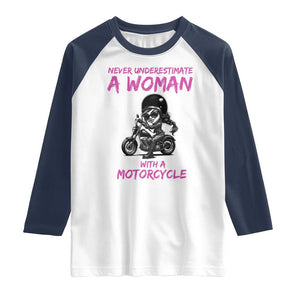 Funny Biker Woman Raglan Shirt Never Underestimate A Women On A Motorcycle TS14 White Navy Print Your Wear