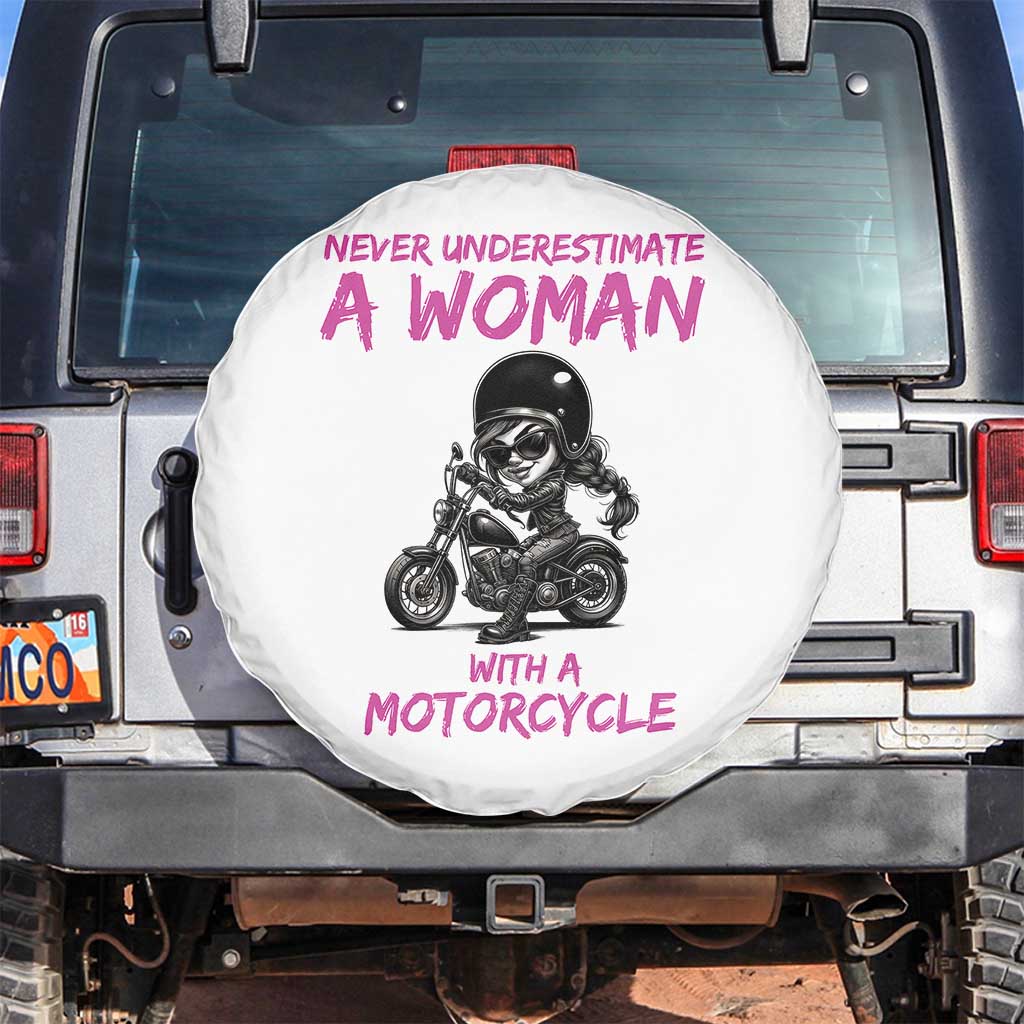 Funny Biker Woman Spare Tire Cover Never Underestimate A Women On A Motorcycle TS14 No hole White Print Your Wear