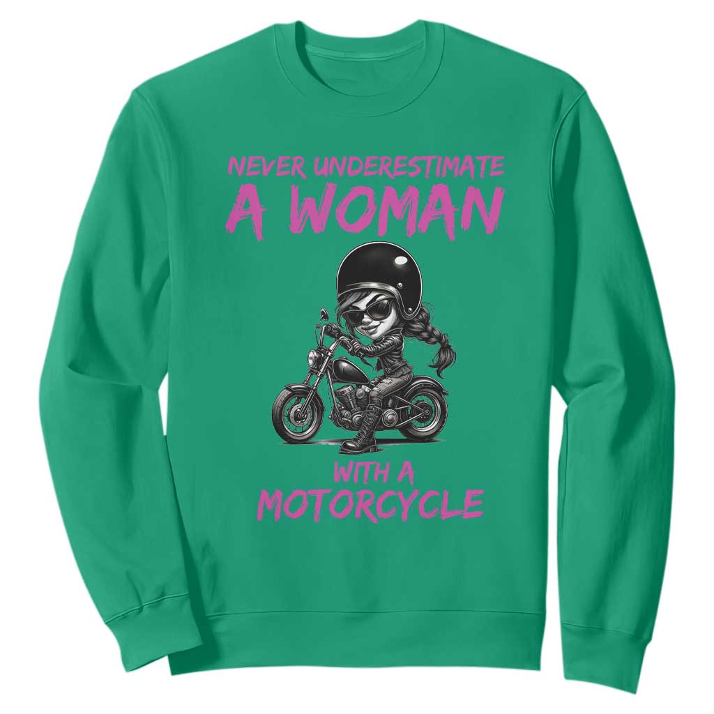 Funny Biker Woman Sweatshirt Never Underestimate A Women On A Motorcycle TS14 Irish Green Print Your Wear