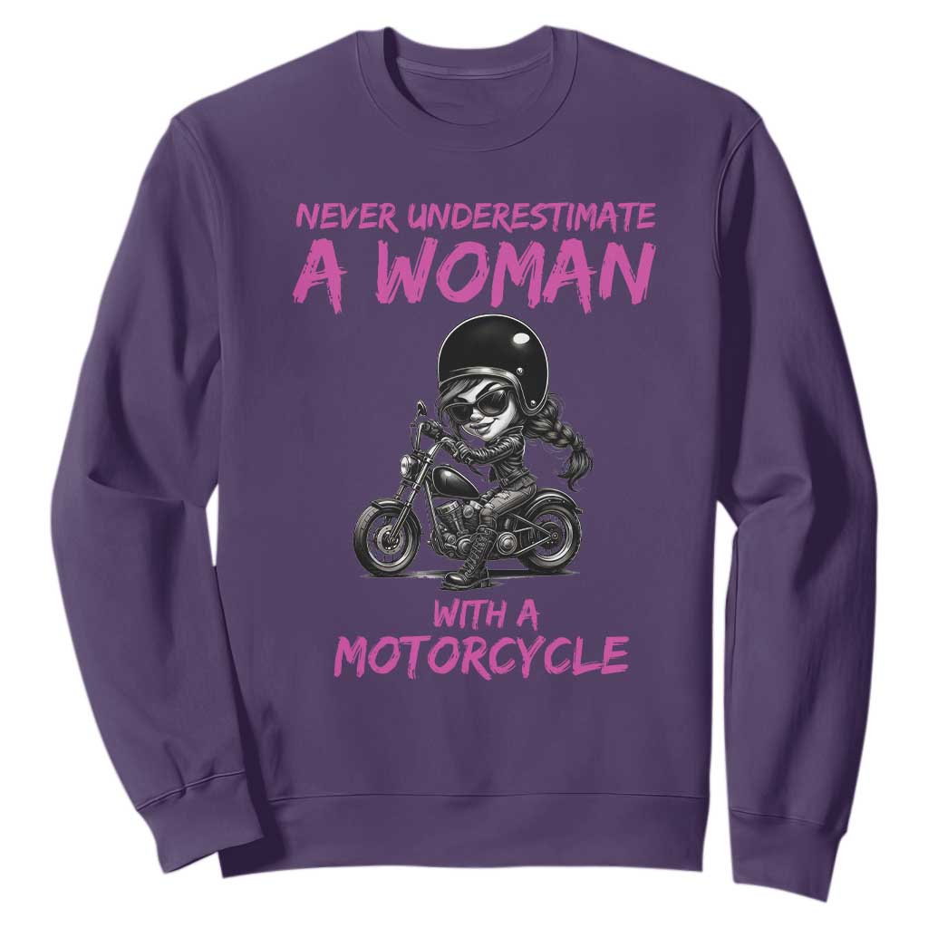Funny Biker Woman Sweatshirt Never Underestimate A Women On A Motorcycle TS14 Purple Print Your Wear