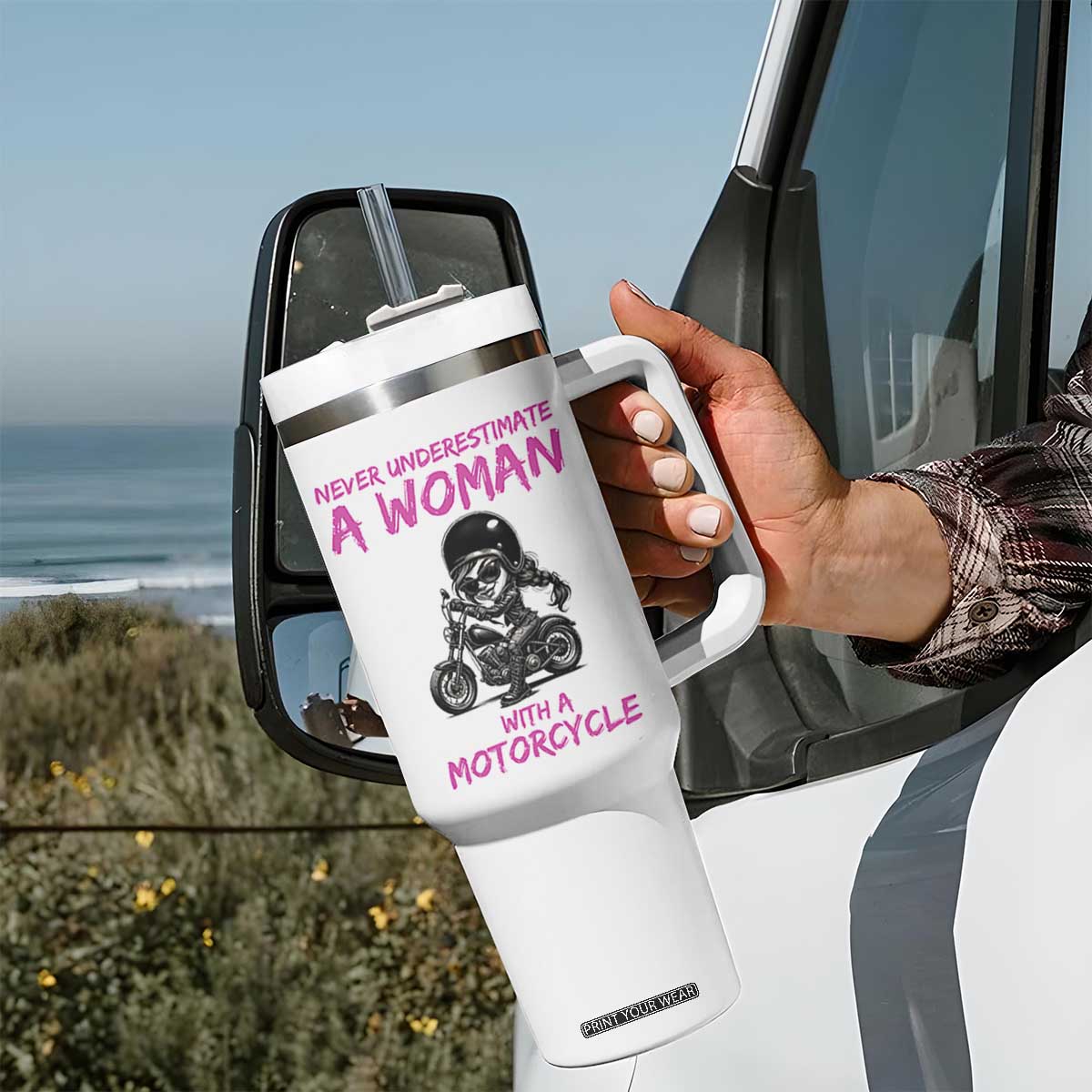 Funny Biker Woman Tumbler With Handle Never Underestimate A Women On A Motorcycle TS14 Print Your Wear