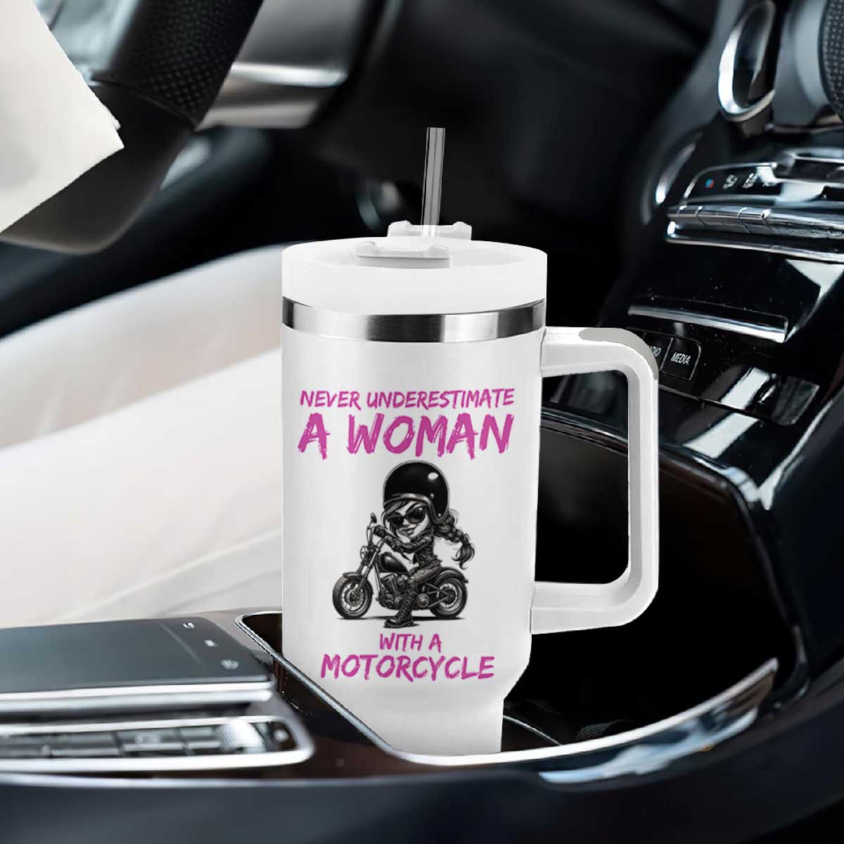 Funny Biker Woman Tumbler With Handle Never Underestimate A Women On A Motorcycle TS14 Print Your Wear
