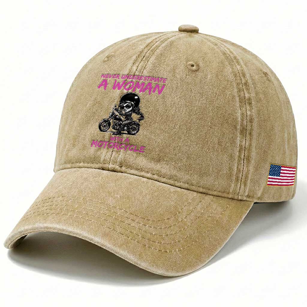 Funny Biker Woman Washed Cotton Baseball Cap Never Underestimate A Women On A Motorcycle TS14 Print Your Wear