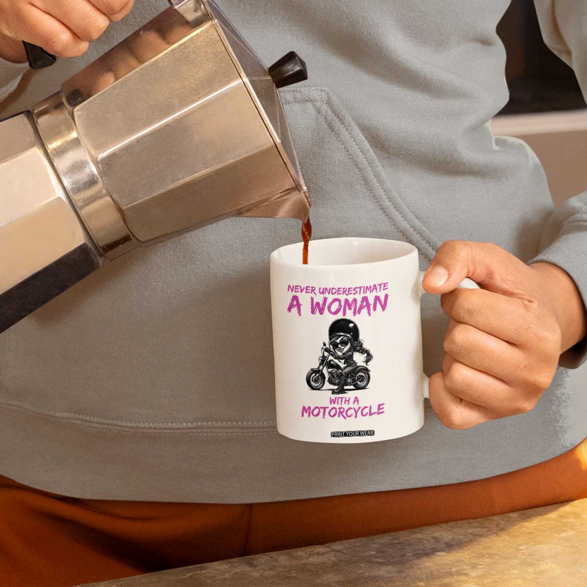Funny Biker Woman Coffee Mug Never Underestimate A Women On A Motorcycle TS14 Print Your Wear