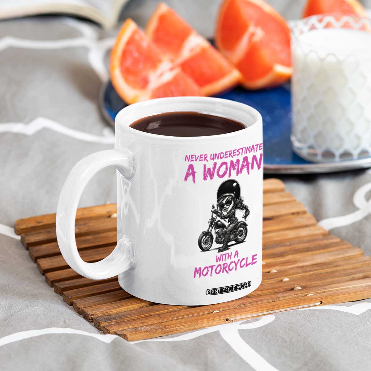 Funny Biker Woman Coffee Mug Never Underestimate A Women On A Motorcycle TS14 Print Your Wear