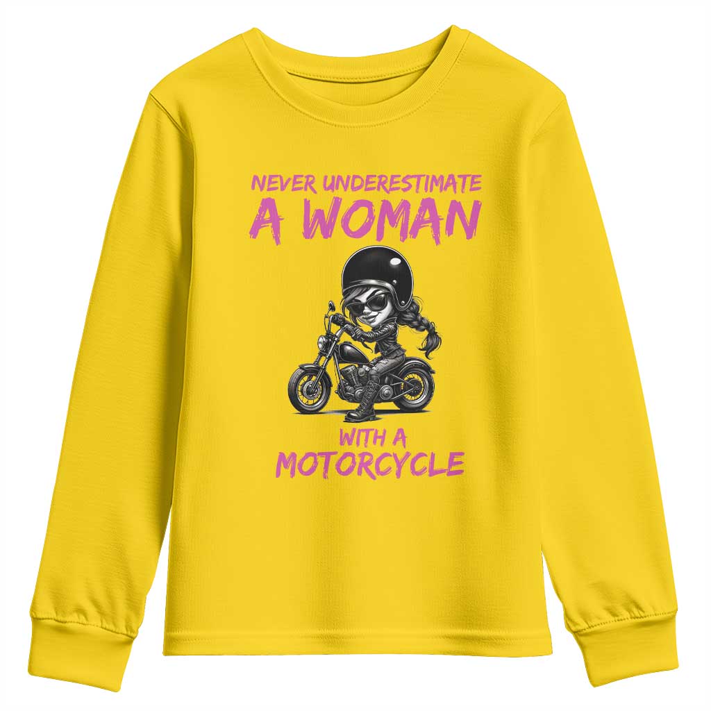 Funny Biker Woman Youth Sweatshirt Never Underestimate A Women On A Motorcycle TS14 Daisy Print Your Wear