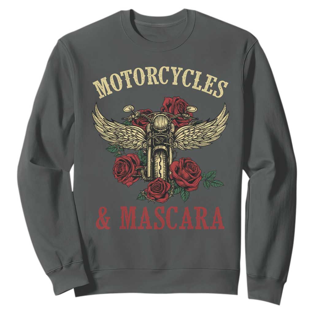 Motorcycle Women Biker Sweatshirt Motorcycles And Mascara Roses TS14 Dark Heather Print Your Wear
