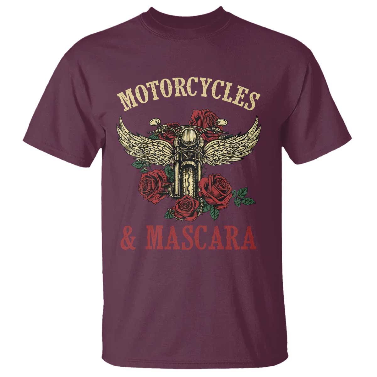 Motorcycle Women Biker T Shirt Motorcycles And Mascara Roses TS14 Maroon Print Your Wear