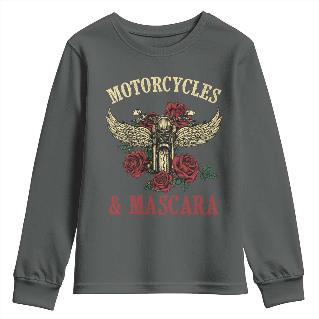 Motorcycle Women Biker Youth Sweatshirt Motorcycles And Mascara Roses TS14 Dark Heather Print Your Wear
